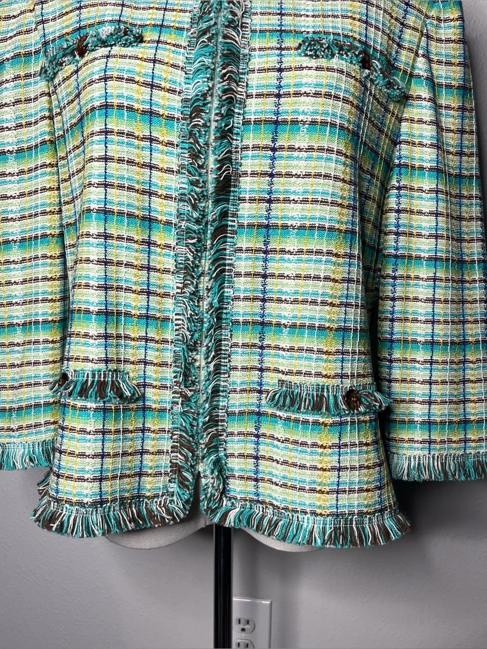 St John Green Plaid Tweed Novelty Knit Zip Up Cardigan Jacket - Picture 5 of 7